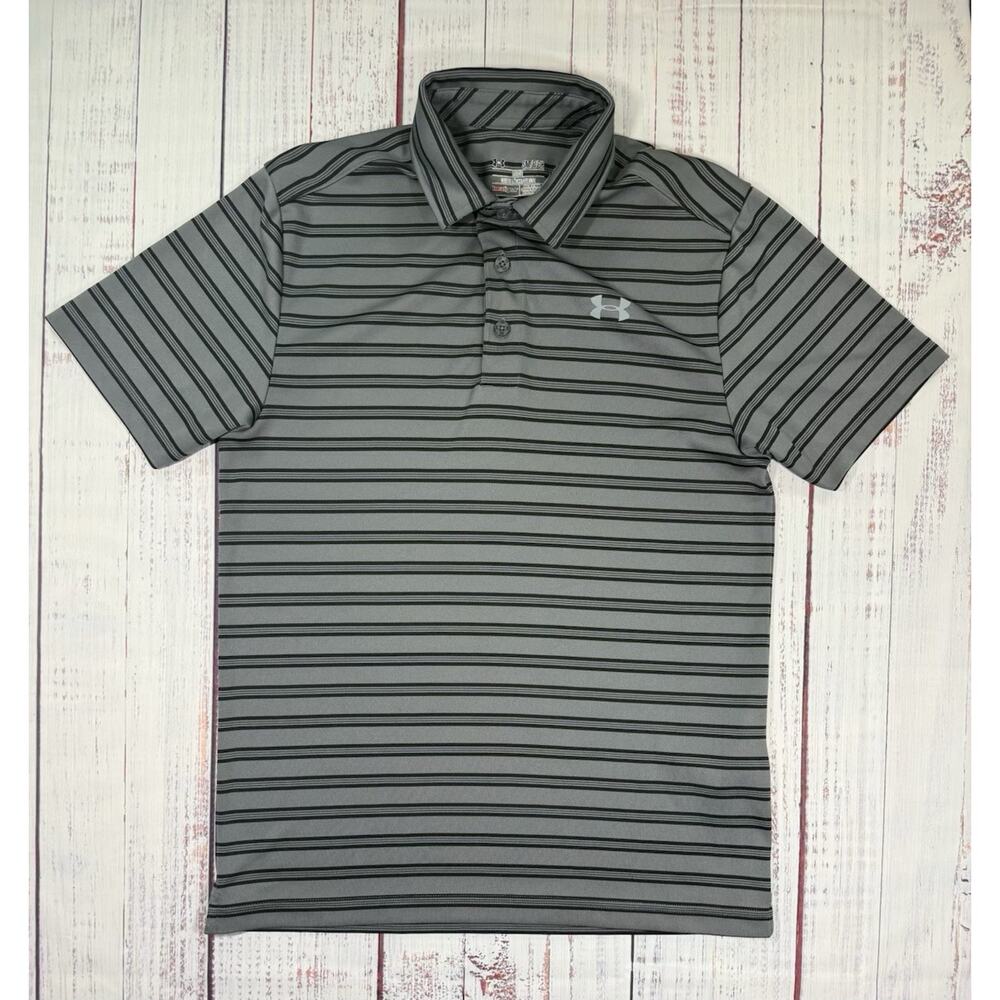 Under Armour Polo Shirt Men’s Size S HeatGear Striped Gray Black‎ Lightweight